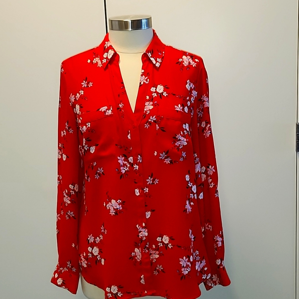 Red Floral Blouse, Size L